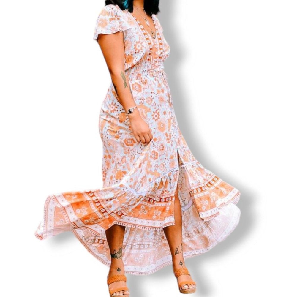 Honey Bunch blue orange + tan floral print high-low boho maxi dress fits AU 8-14 - Picture 6 of 15